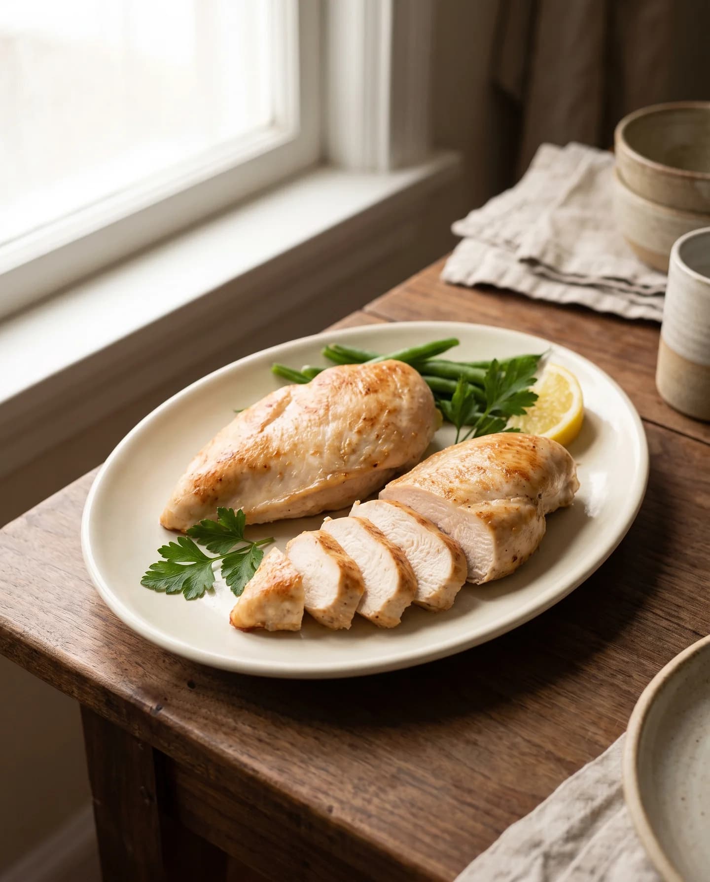 Serving suggestion: Kings Farm TX chicken breast, cooked and sliced on a board.