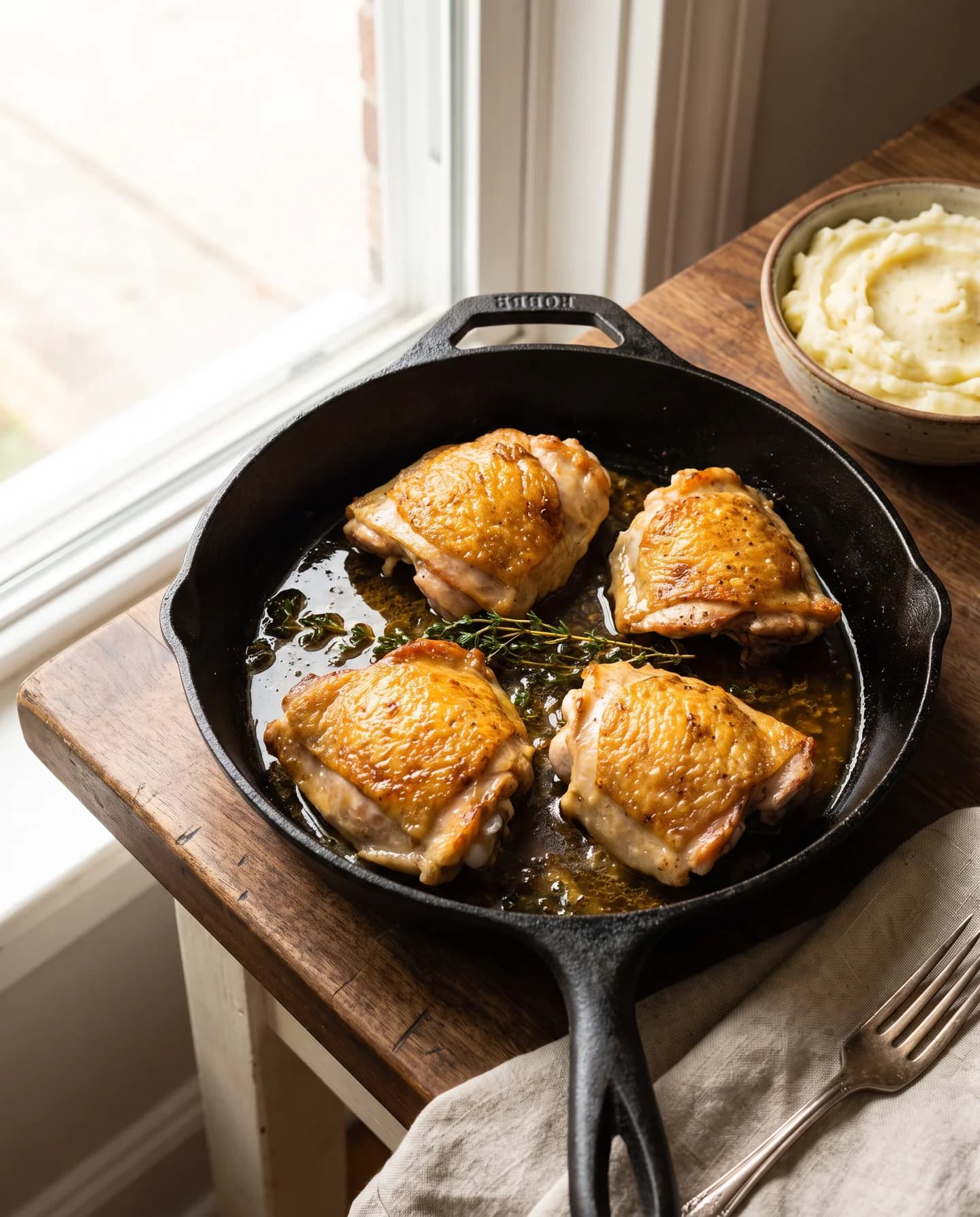 Serving suggestion: Kings Farm TX chicken thighs browned in a cast-iron skillet.