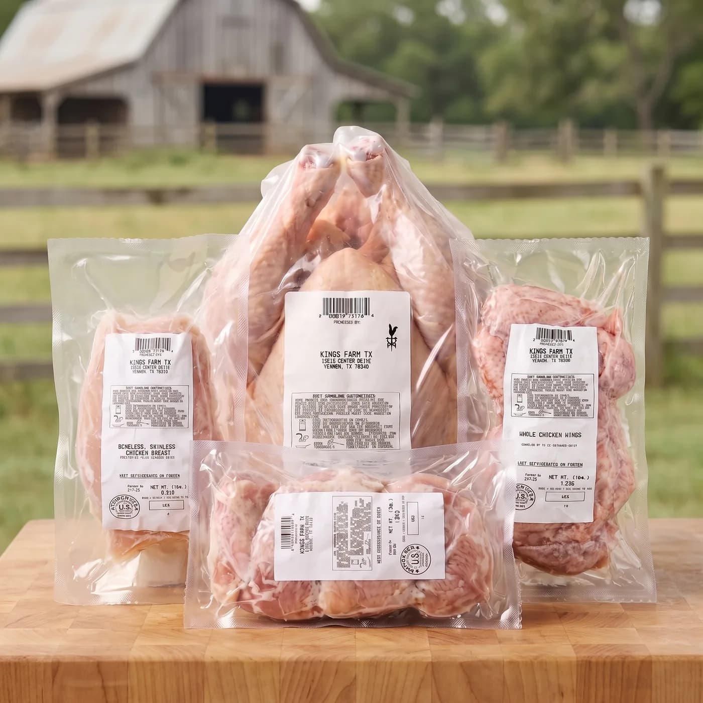 The Kings Farm TX Family Bundle on a butcher block: a whole chicken with packs of breasts, thighs and wings.