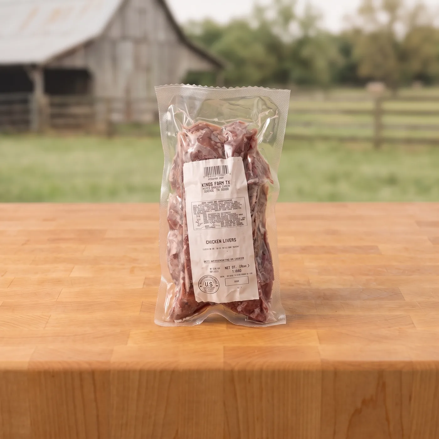 A sealed pack of Kings Farm TX chicken livers on a butcher block, the barn and pasture behind.