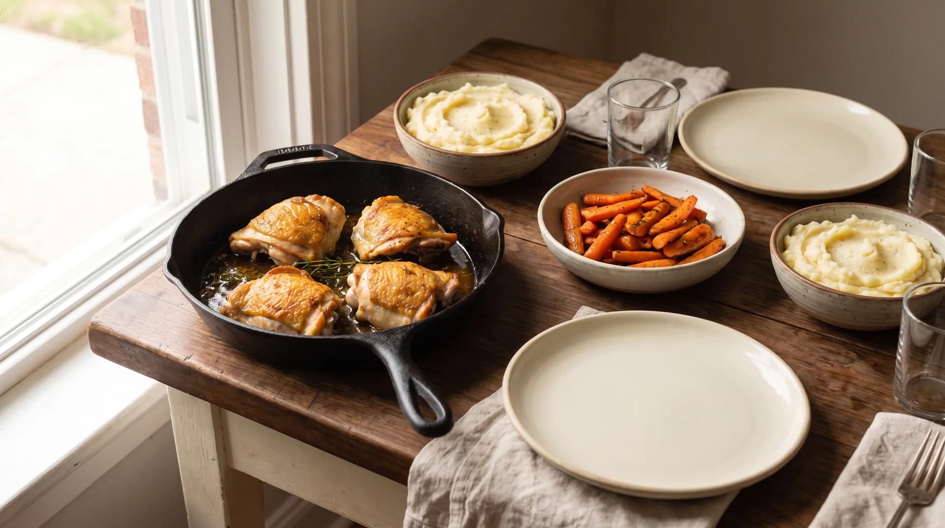 Serving suggestion: a skillet of chicken thighs with sides, laid out for a family supper.