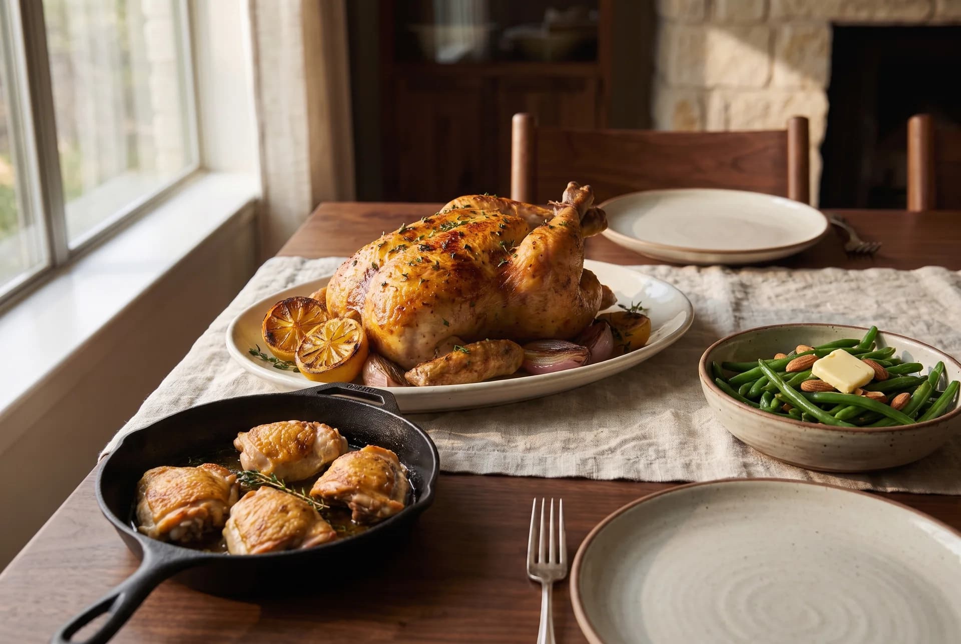 Serving suggestion: a roast chicken and a skillet of thighs set out for a first farm dinner.