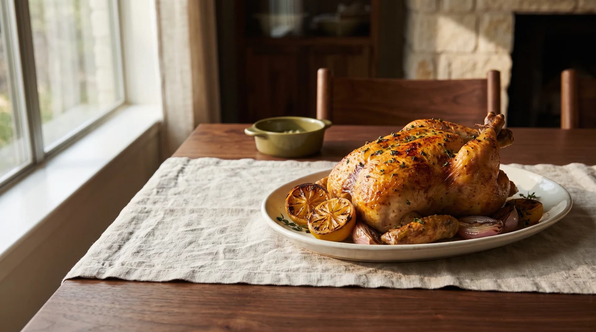 A roast Kings Farm TX chicken resting on a platter at a farmhouse table, carved and ready to serve.