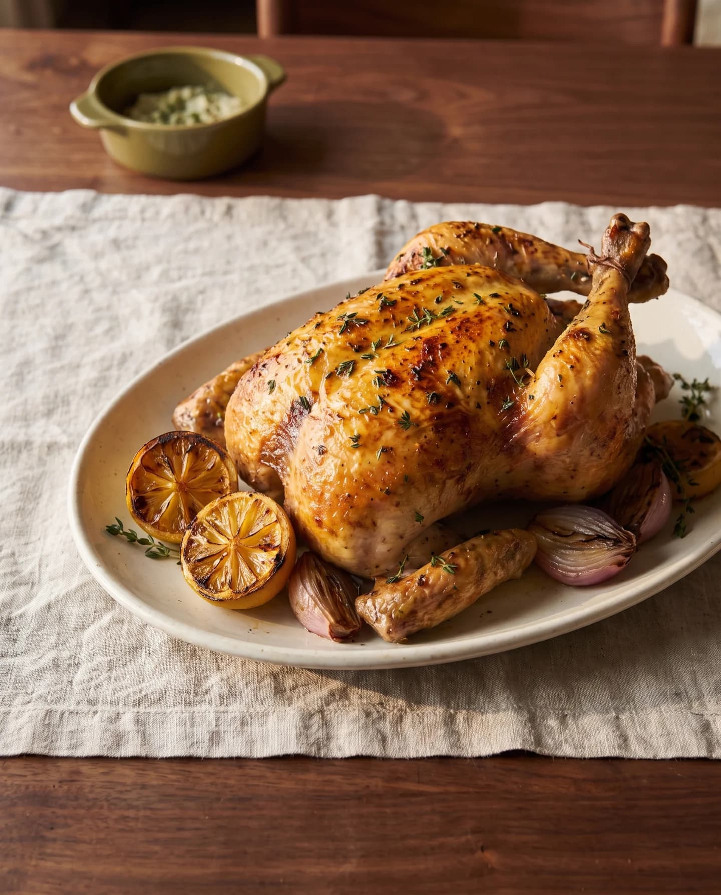 A roast Kings Farm TX chicken on a farmhouse table, photographed upright for a phone screen.