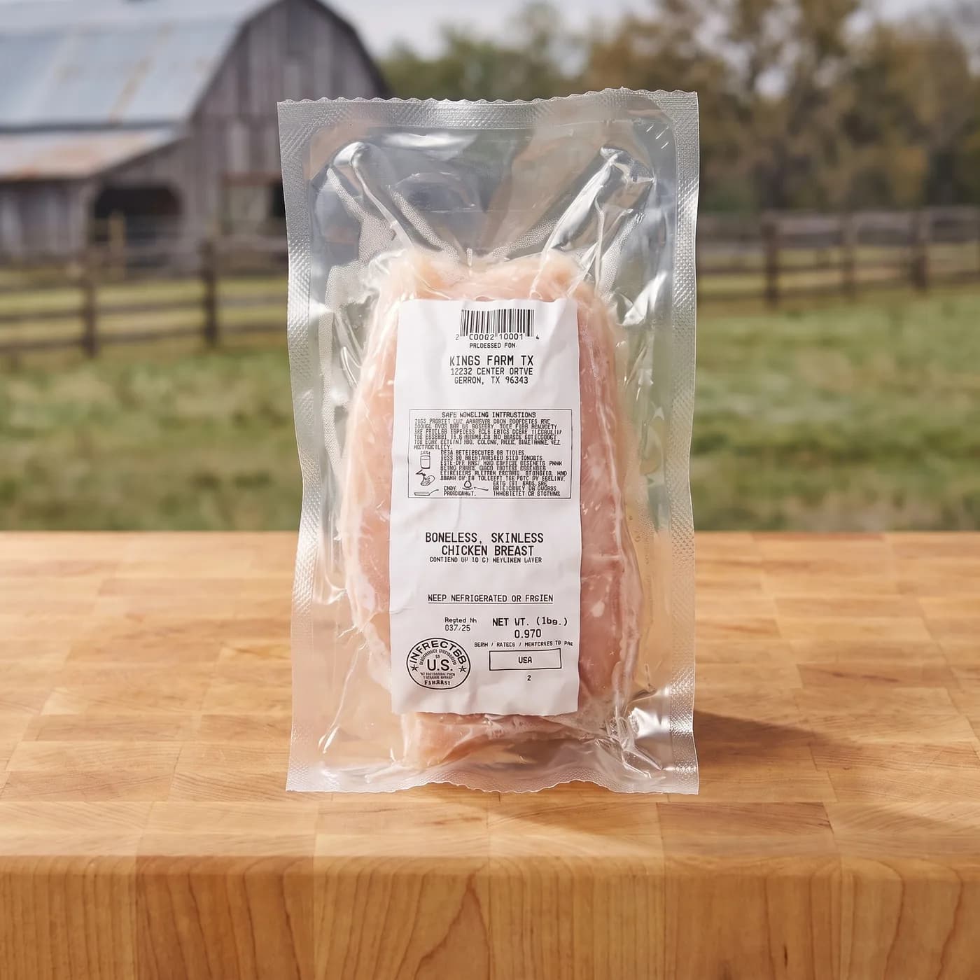 A sealed pack of Kings Farm TX boneless, skinless chicken breast on a butcher block, the barn and pasture behind.