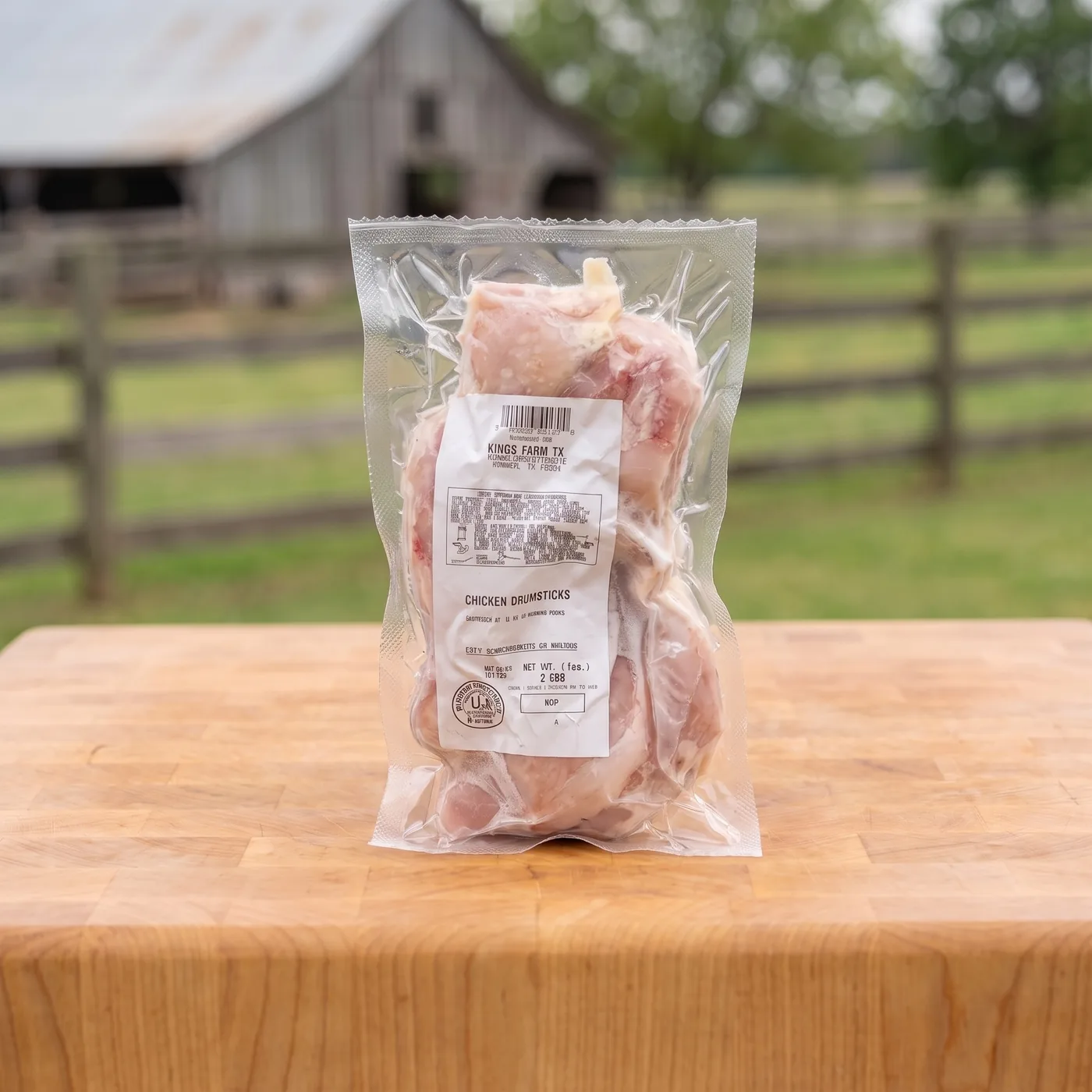 A sealed pack of Kings Farm TX chicken drumsticks on a butcher block, the barn and pasture behind.