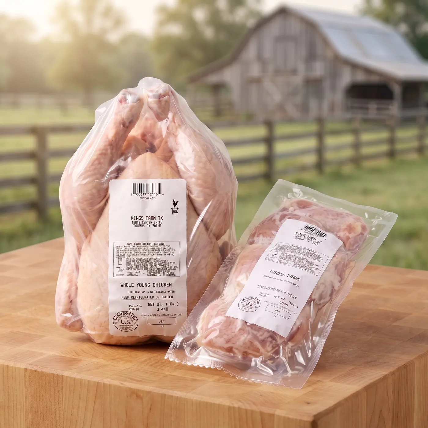 The Kings Farm TX Sampler Box on a butcher block: a whole chicken and a pack of thighs.