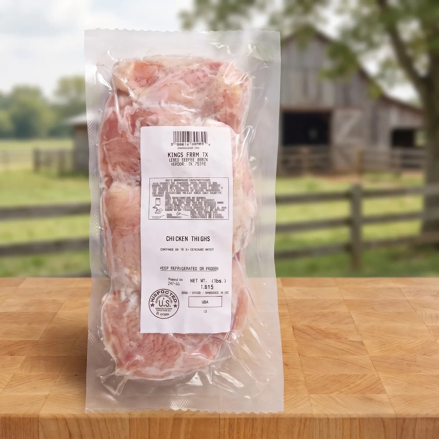A sealed pack of Kings Farm TX bone-in chicken thighs on a butcher block, the barn and pasture behind.