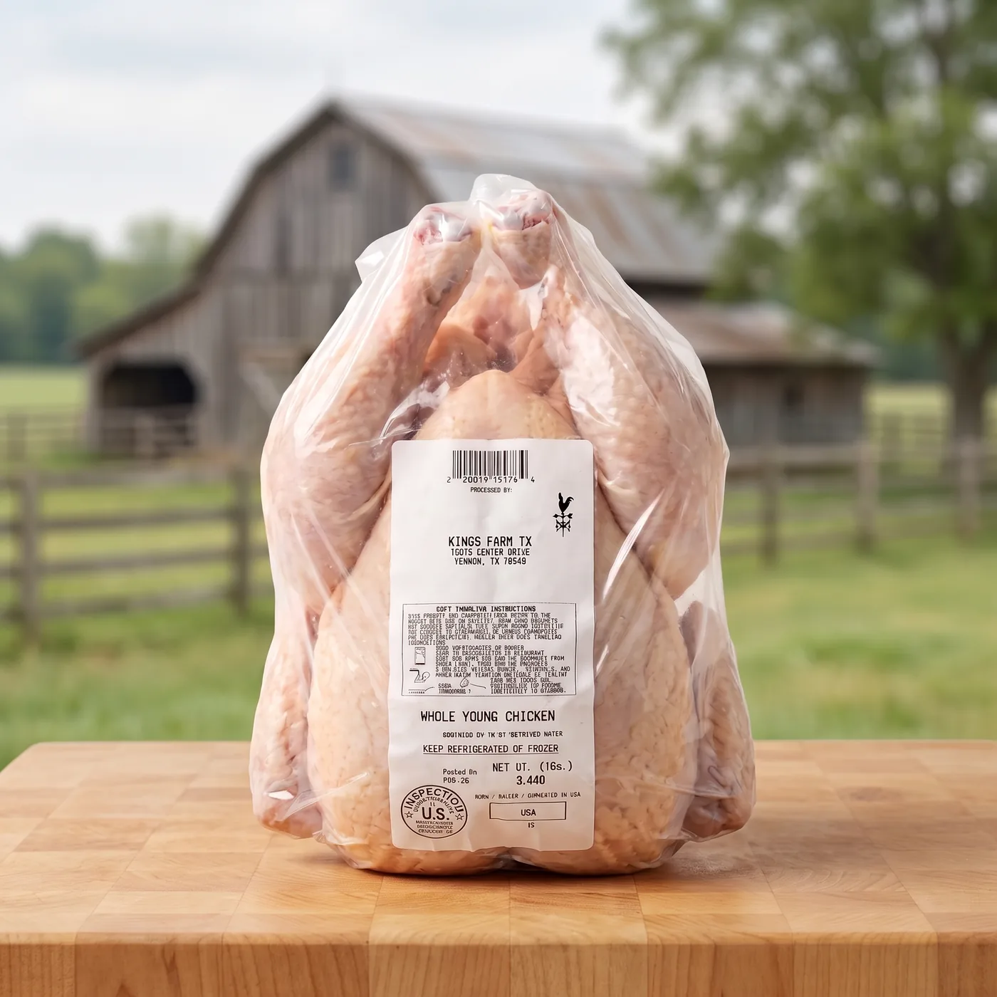 A whole Kings Farm TX chicken, bagged and labelled, on a butcher block with the farm behind it.