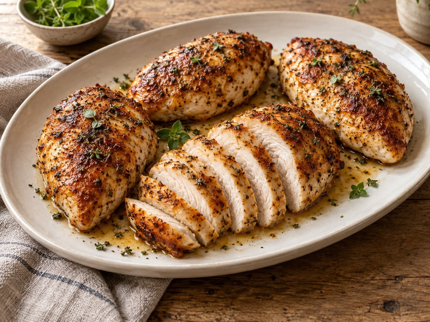 Sliced high-heat baked chicken breast resting on a platter with herbs.