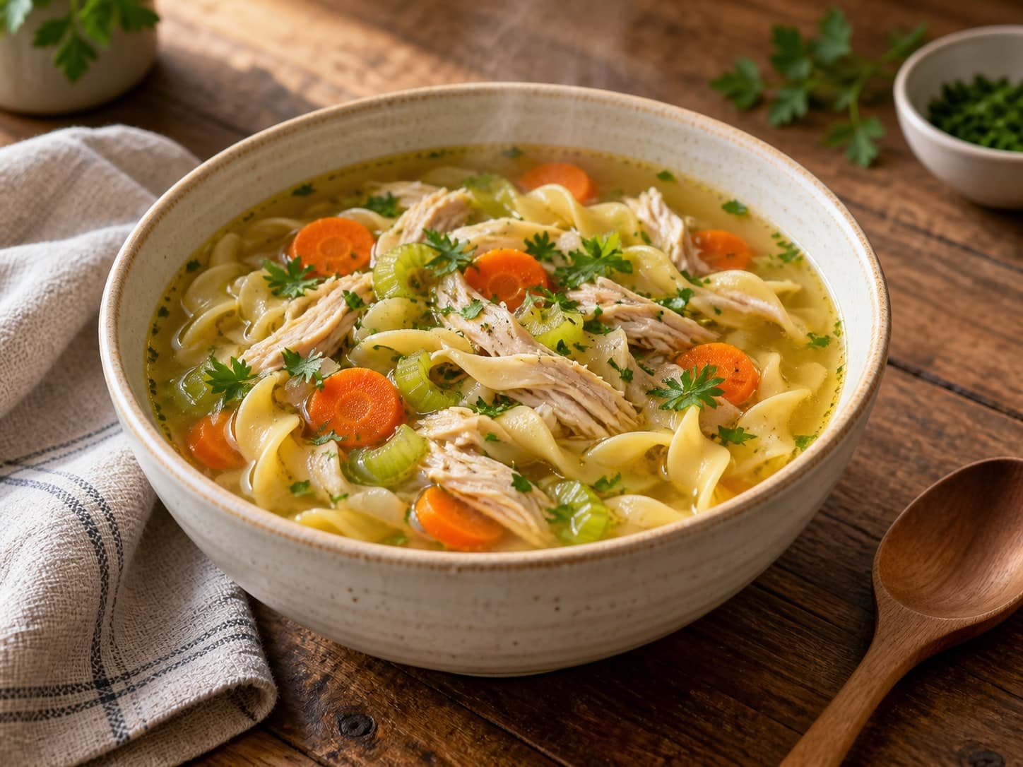 A bowl of chicken carcass soup with noodles, carrots and celery.