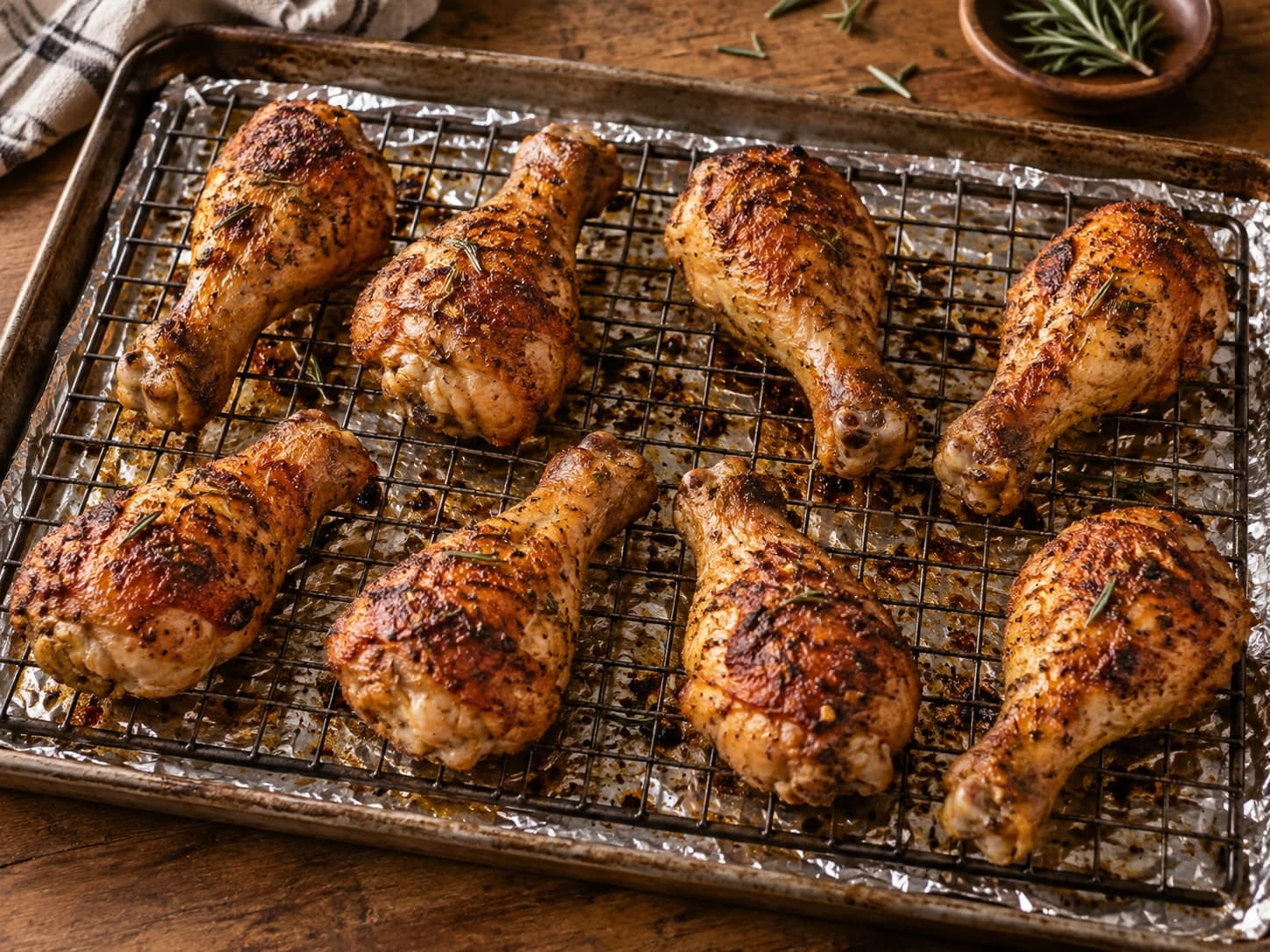 Crispy oven-baked chicken drumsticks on a wire rack over a baking sheet.