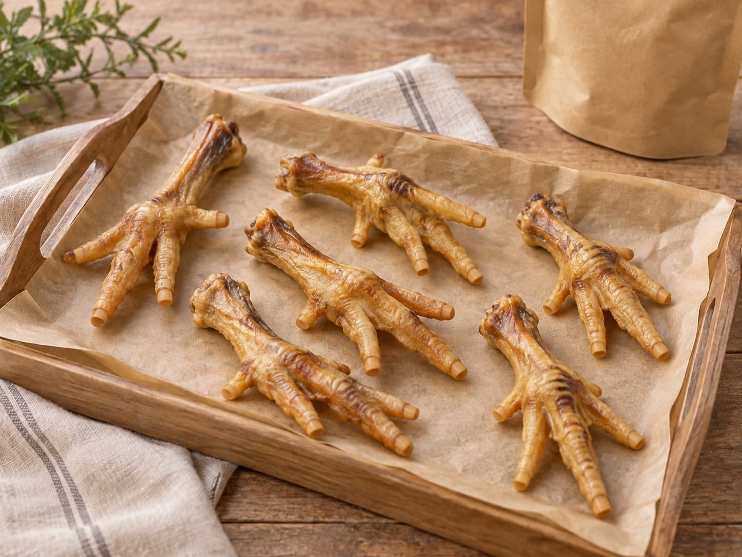 Dehydrated chicken feet dog chews cooling on parchment after drying.