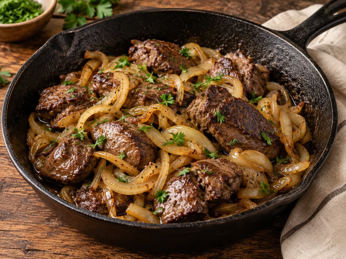 Pan-fried chicken livers with golden onions in a cast-iron skillet.