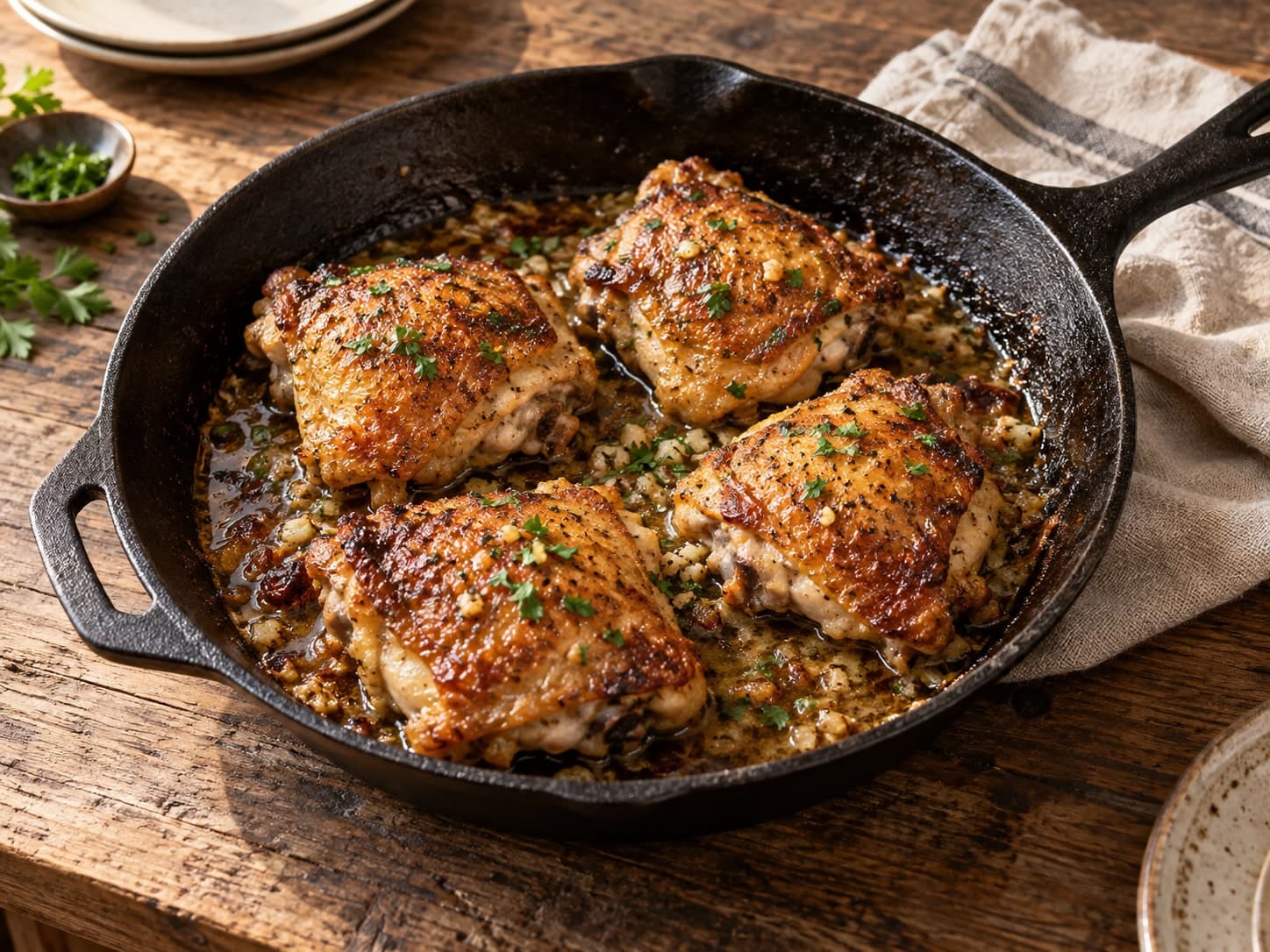 Crispy pan-seared chicken thighs finished in a cast-iron skillet with pan sauce.