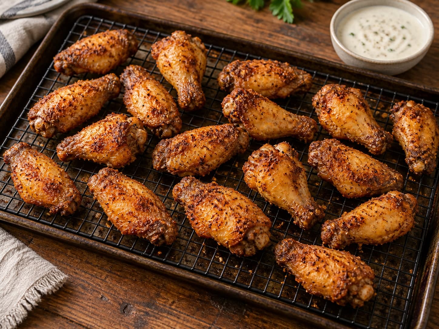 Oven-fried chicken wings crisped on a wire rack, with dipping sauce alongside.